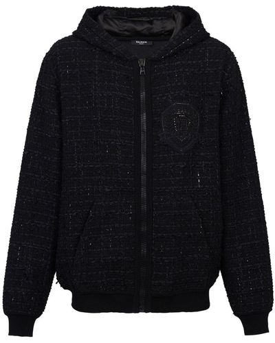 Balmain Logo-patch tweed hooded jacket - Blau