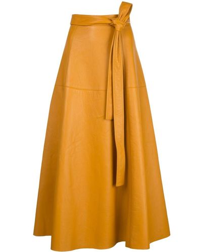 Oscar de la Renta Tie-detailed Leather Midi Skirt - Yellow