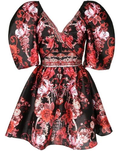 Camilla Floral-print Puff-sleeve Dress - Red