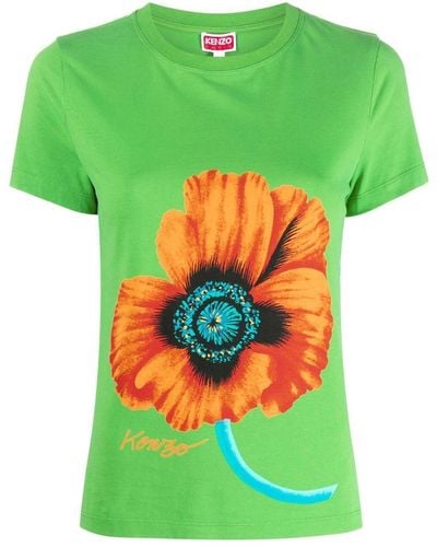 KENZO Poppy-print Cotton T-shirt - Green