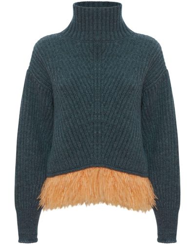 La DoubleJ High-neck Feather-trim Sweater - Blue