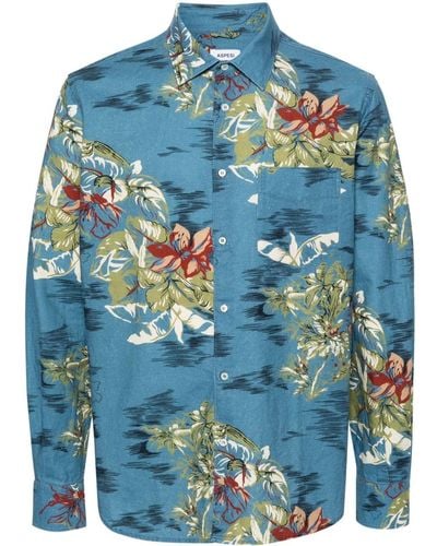Aspesi Popeline-Hemd mit Hawaii-Print - Blau