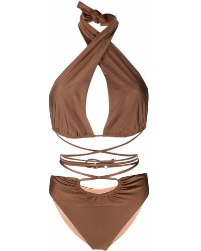 Noire Swimwear Lattice-strap Halterneck Swimsuit - Brown