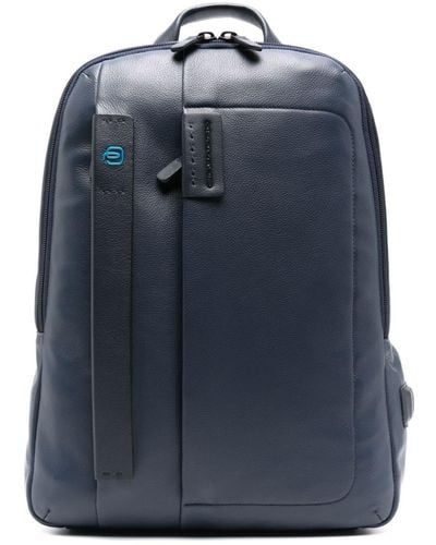 Piquadro Logo-plaque Leather Laptop Backpack - Blauw