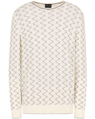 Giorgio Armani Zigzag-embroidered Round-neck Sweater - Natural