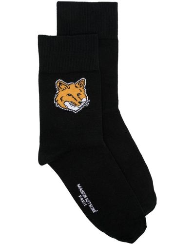 Maison Kitsuné Gerippte Socken mit Chillax Fox-Motiv - Schwarz