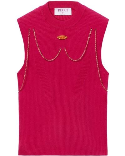 Emilio Pucci Chain-embellished Rib-knit Top - Pink