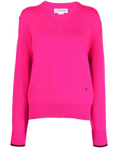 Victoria Beckham Logo-embroidered V-neck Sweater - Pink