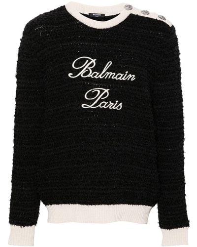 Balmain Bouclé-Pullover mit Logo-Stickerei - Schwarz