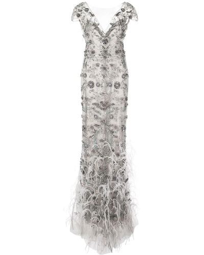 Marchesa Feather Fringe Gown - Gray