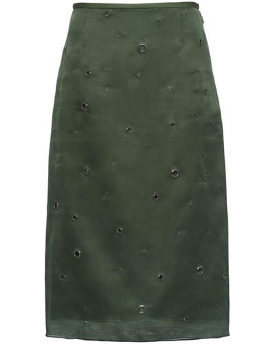 Prada Eyelet-embellished Silk Midi Skirt - Green