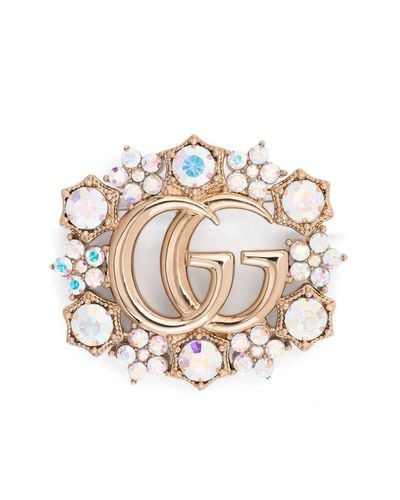 Gucci Kristallverzierte Brosche mit GG - Weiß
