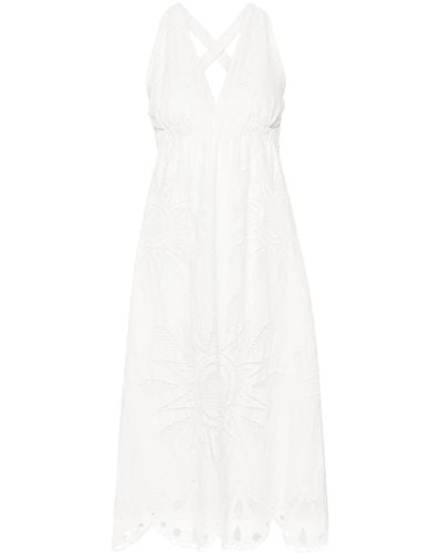 FARM Rio Floral-embroidered Cotton Midi Dress - White