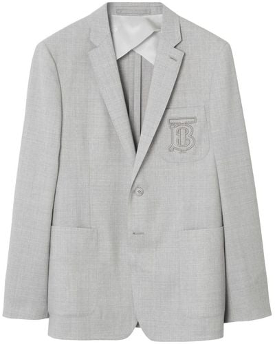 Burberry Embroidered-logo Wool Tailored Jacket - Gray