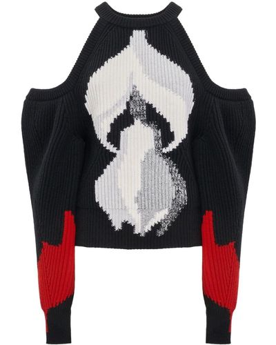 Alexander McQueen Floral-jacquard Off-shoulder Sweater - Black