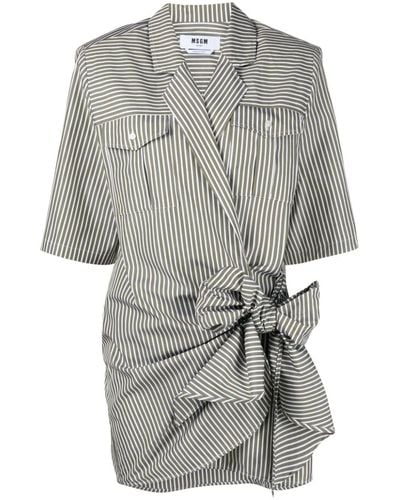 MSGM Striped Wraparound Poplin Dress - Gray