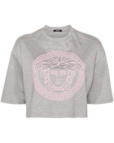 Versace T-shirt crop in cotone con logo Medusa - Grigio
