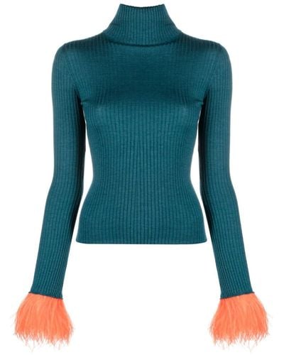 La DoubleJ Feather-trim Rib-knit Sweater - Blue