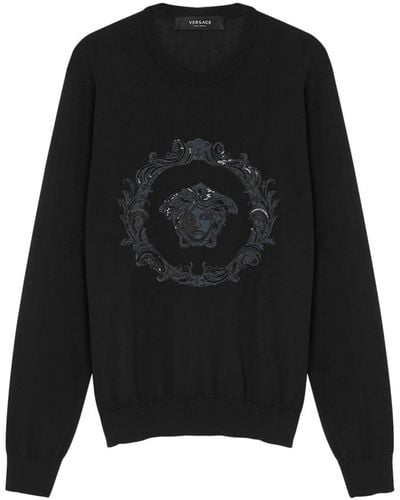 Versace Katoen-zijden Sweater Met Medusa Borduurwerk - Zwart