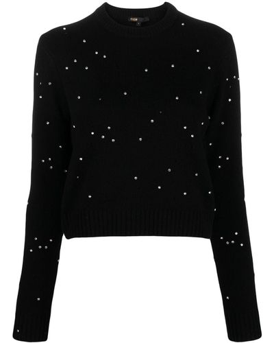 Maje Cropped Rhinestone-embellished Wool Sweater - Black