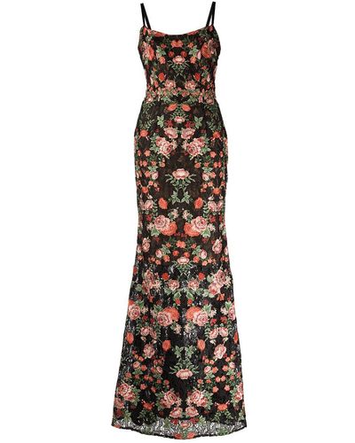 Marchesa Embroidered Floral Evening Gown - Black