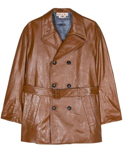 Marni Belted Double-breasted Leather Coat - Brown