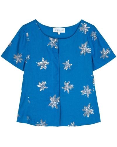 Waimari Sequin-embellished Short-sleeve Blouse - Blue