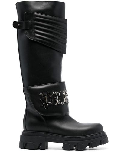 Philipp Plein Botas altas con placa del logo - Negro