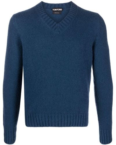 Tom Ford リブニット Vネックセーター - ブルー