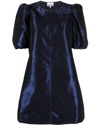 Ganni Taffeta Puff-sleeves Minidress - Blue