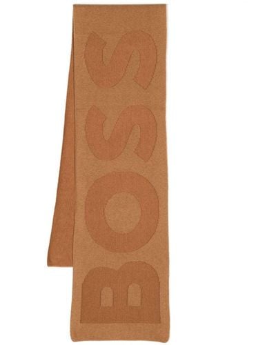 BOSS Intarsia-knit Logo Scarf - Brown