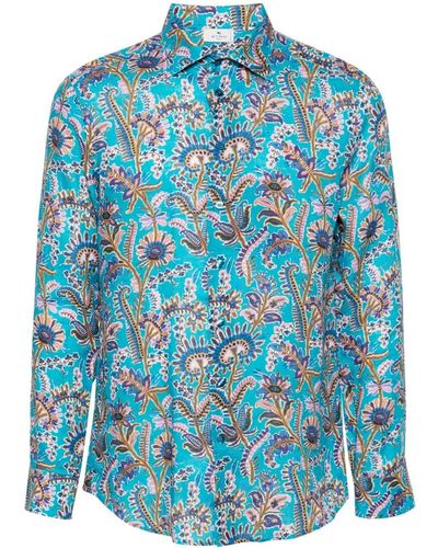 Etro Floral-print Linen Shirt - Blue