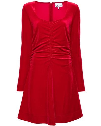 Ganni Velvet Ruched Mini Dress - Red