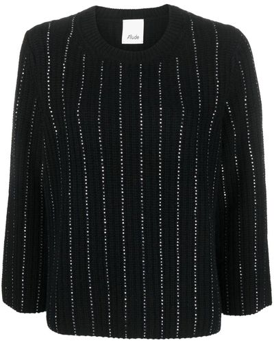 Allude Rhinestone-stripes Ribbed-knit Sweater - Black