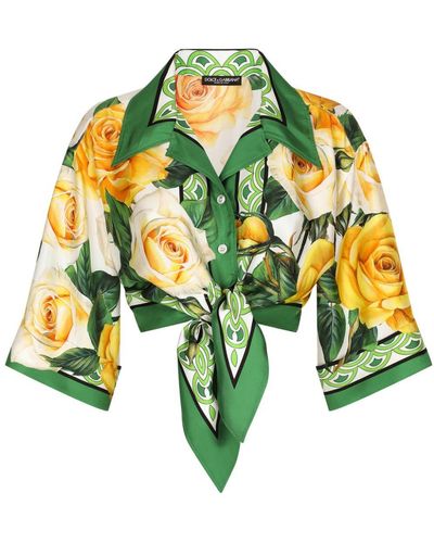 Dolce & Gabbana Rose-print Cropped Silk Shirt - Yellow