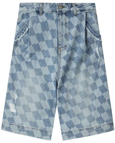Adererror Distressed Checkerboard-print Shorts - Blue