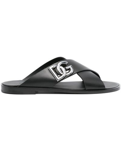 Dolce & Gabbana Logo-lettering Leather Slides - Black