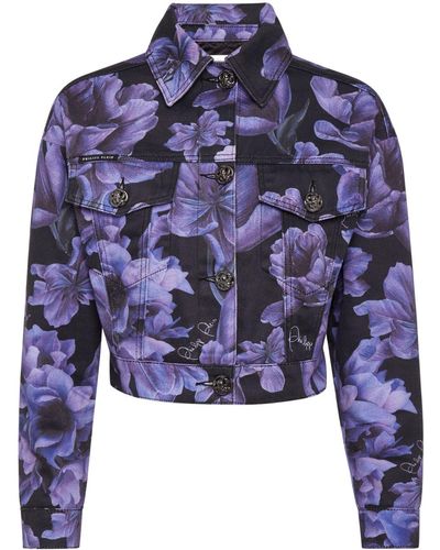 Philipp Plein Floral-print Cropped Denim Jacket - Blue