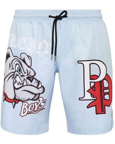 Philipp Plein Bulldogs-print Swim Shorts - Blue