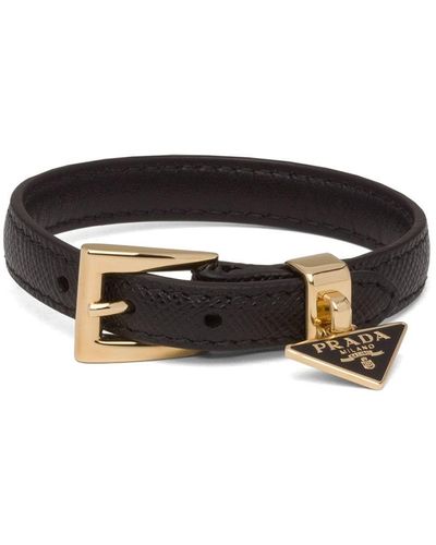 Prada Bracelet en cuir à plaque logo - Noir