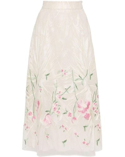 Elie Saab Floral-embroidered Tulle Skirt - White