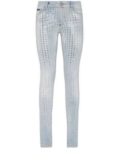 Philipp Plein Crystal-embellished Pinstripe Jeans - Blue