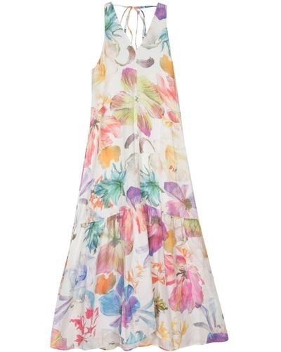 120% Lino Kleid mit Blumen-Print - Weiß