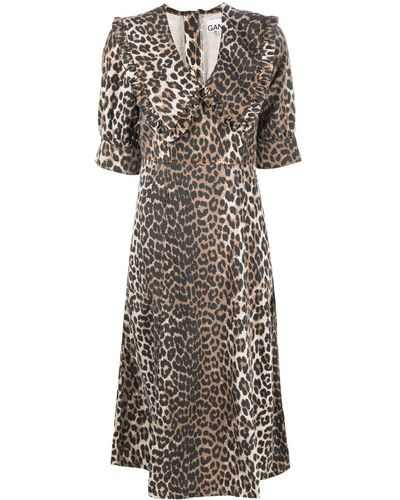 Ganni Midi-jurk Met Luipaardprint - Bruin