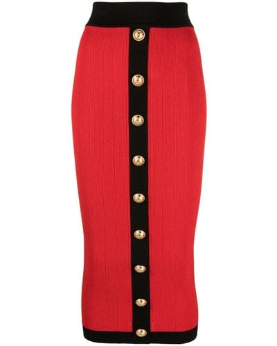 Balmain Buttoned Knit Midi Skirt - Red