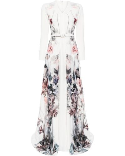 Saiid Kobeisy Floral-print Belted Gown - White