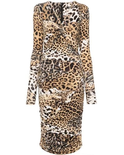 Roberto Cavalli Jaguar Skin-print Ruched Dress - Natural