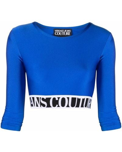 Versace T-shirt crop à bande logo - Bleu