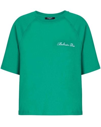 Balmain T-shirt Signature con ricamo crop - Verde
