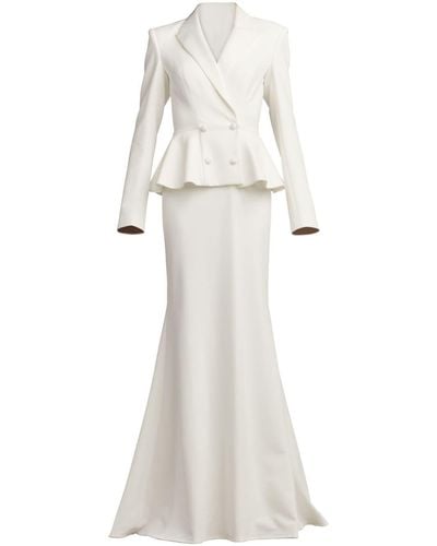 White Long Sleeve Ruched Peplum Dress
